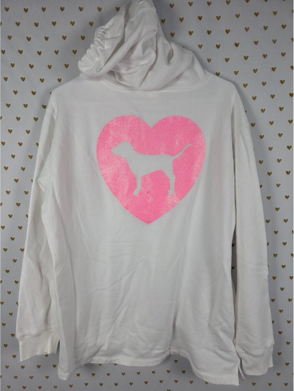 Victorias Secret Pink CAMPUS ORIGINALS White Glitter Heart Pullover Sweater L
